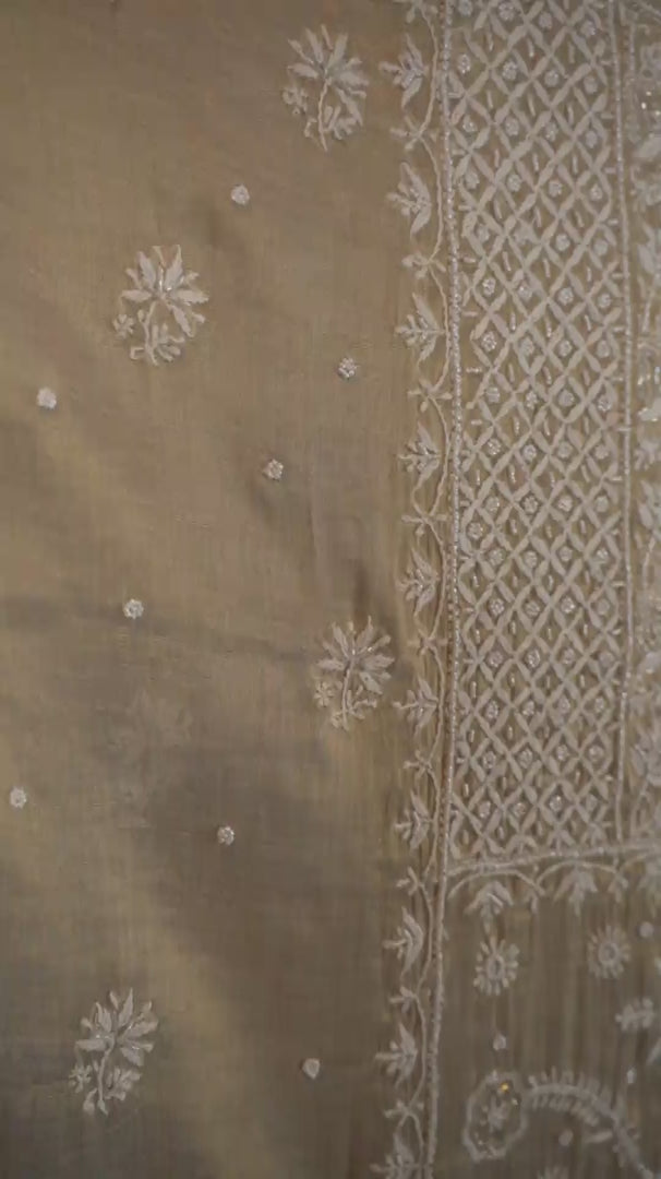 Tashore Golden Brown Chanderi Chikankari Unstitched Kurta Piece with Dupatta