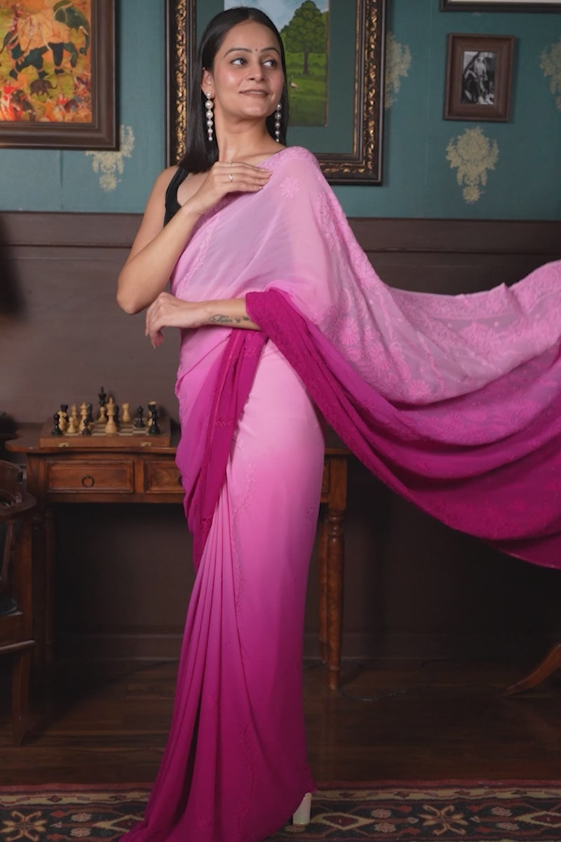 Ombre Pink Georgette Chikankari Saree with Unstitched Blouse
