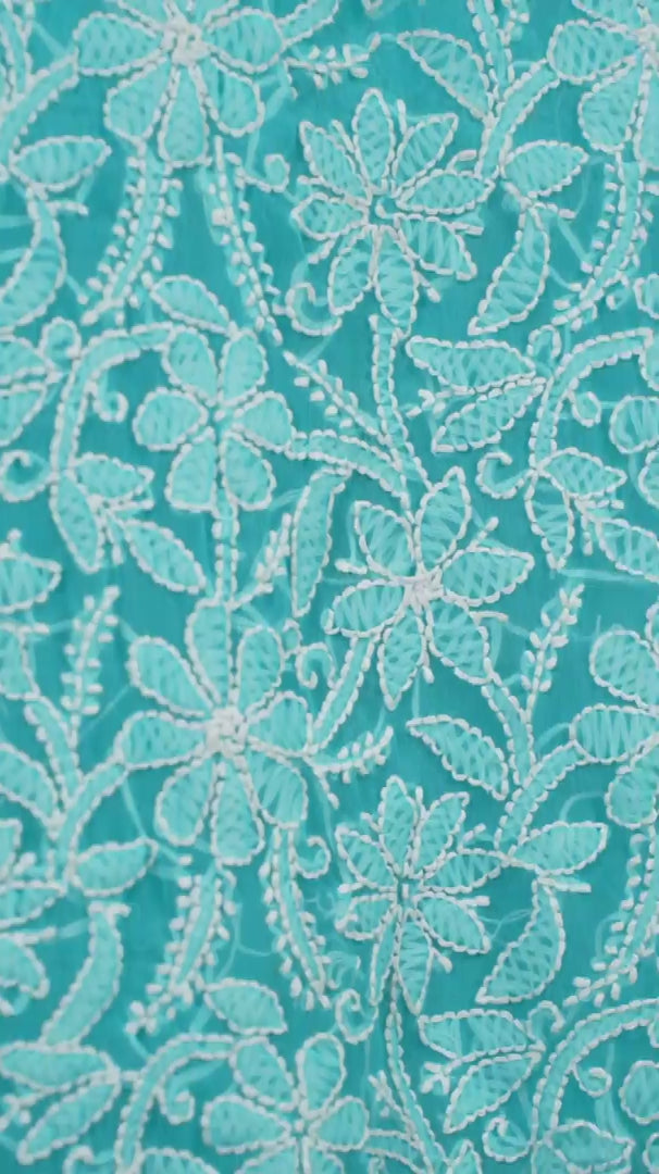 Turquoise Blue Faux Georgette Chikankari Unstitched Suit Set