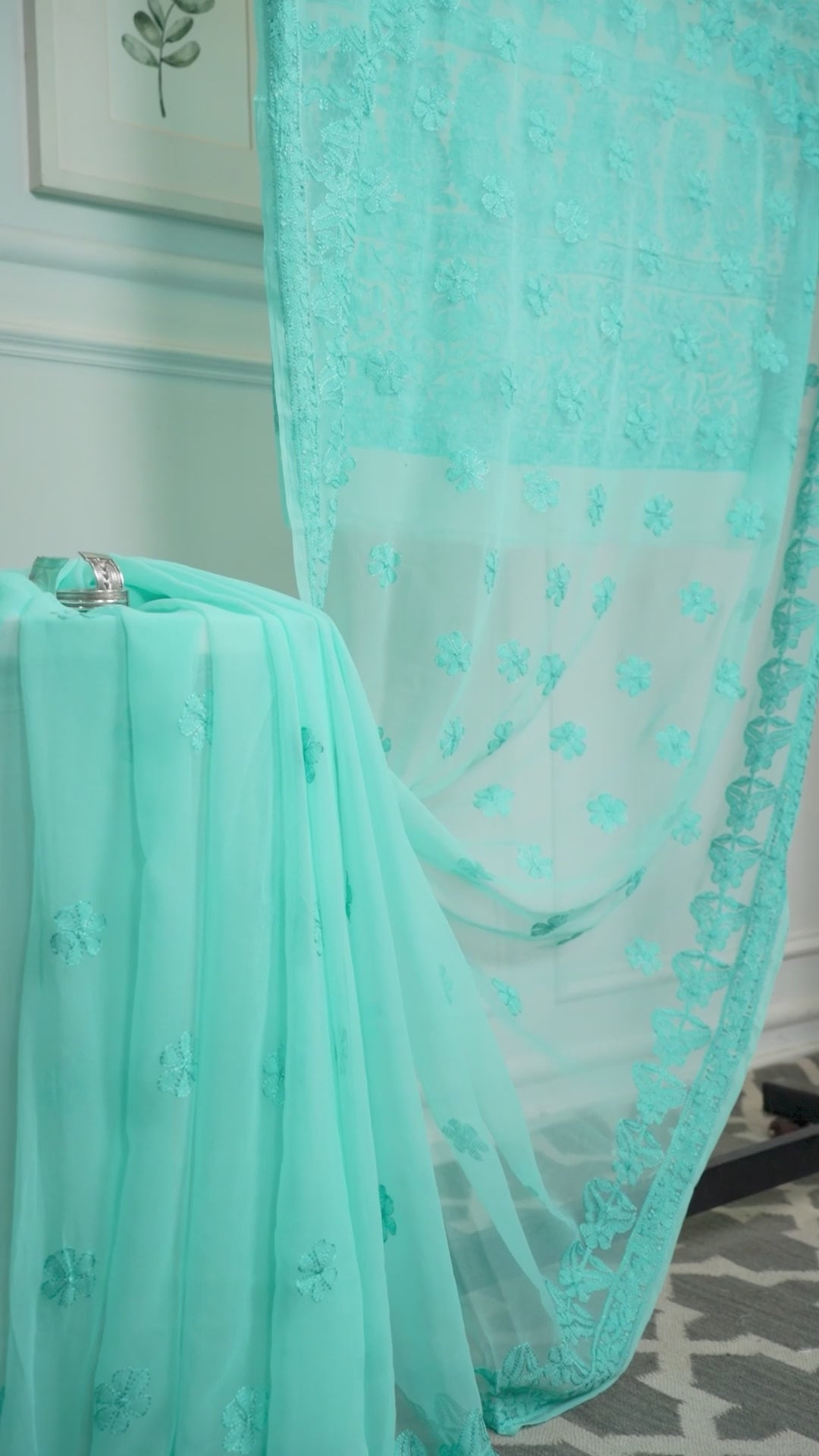 Turquoise Blue Georgette Saree with Chikankari Embroidery