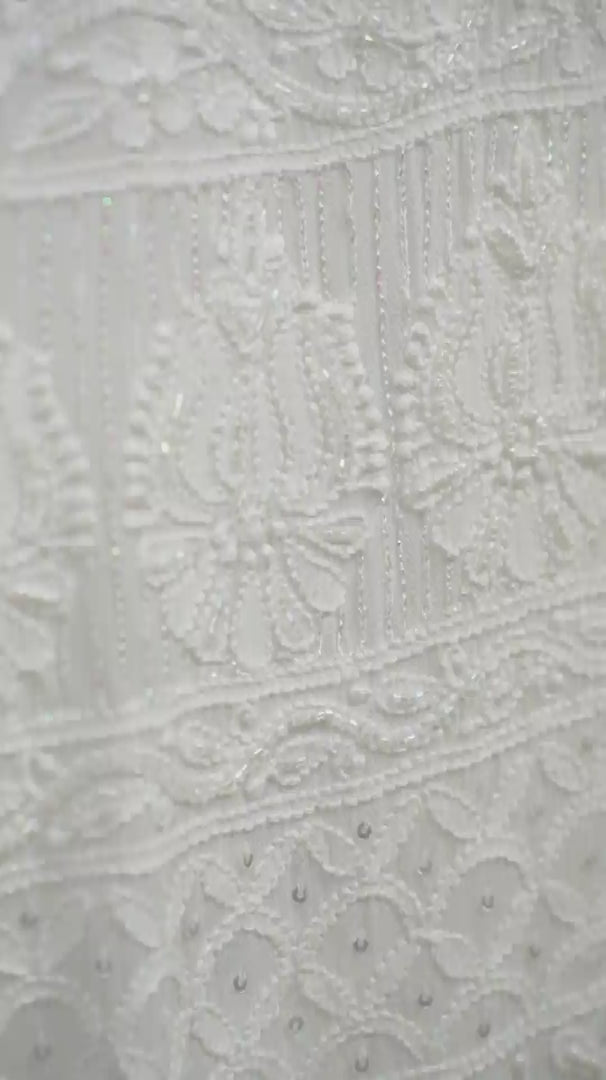 Pure White Pure Georgette Chikankari Unstitched Kurta Piece with Dupatta