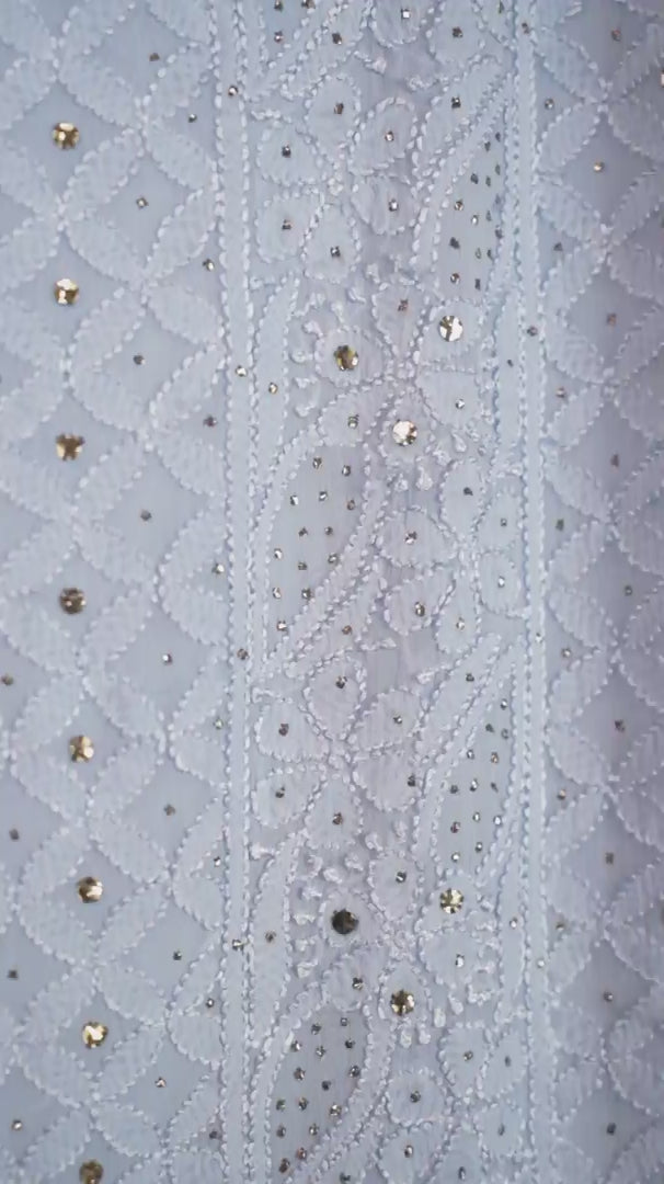 Bluish Grey Pure Georgette Chikankari Unstitched Kurta Piece with Dupatta