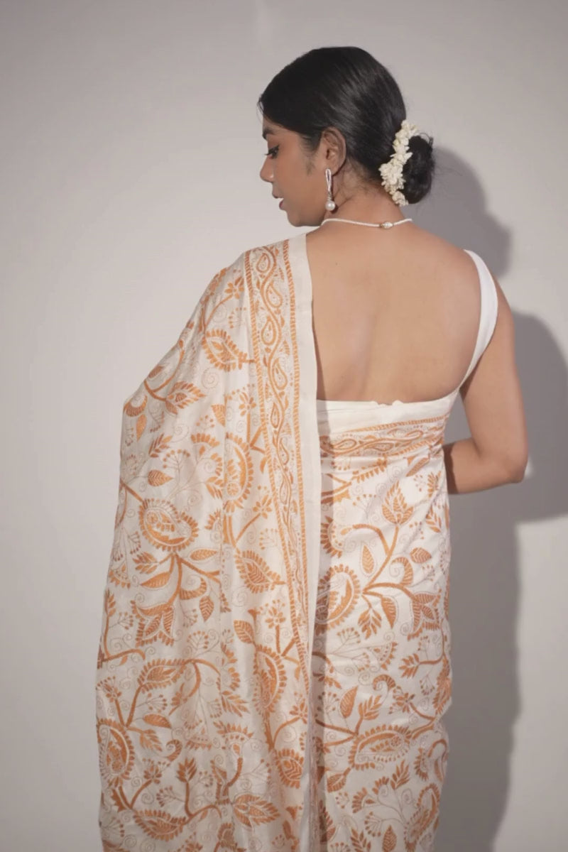 Ivory & Mustard Katan Silk Kantha Work Saree
