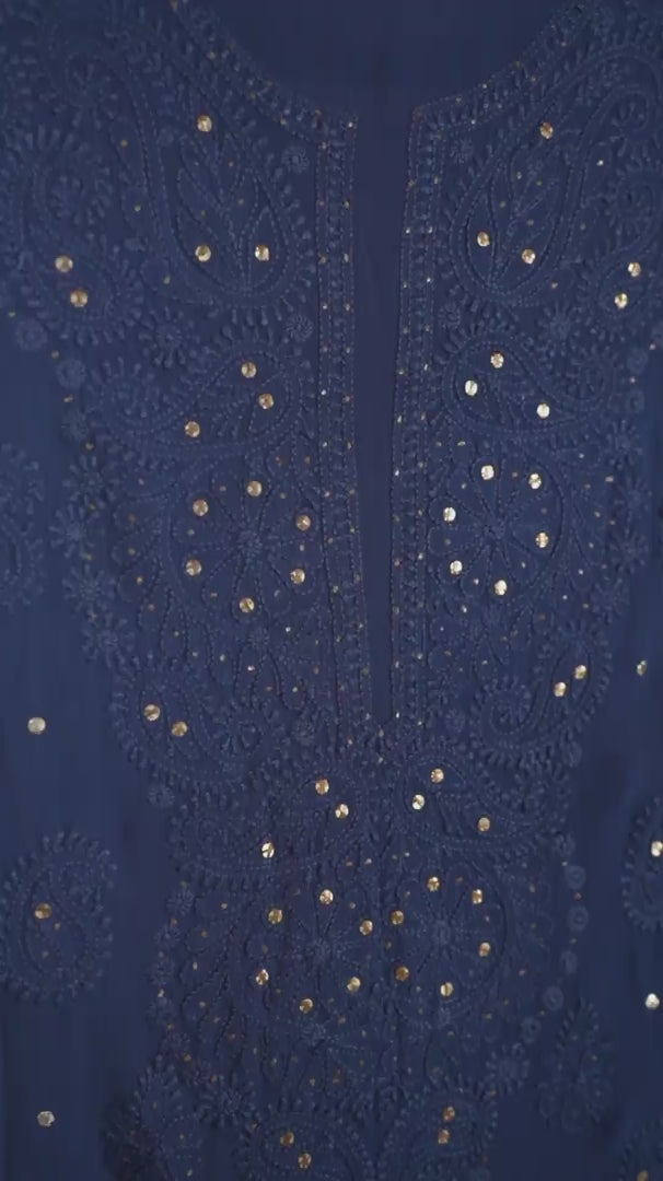 Indigo Blue Pure Georgette Chikankari Unstitched Kurta Piece with Dupatta