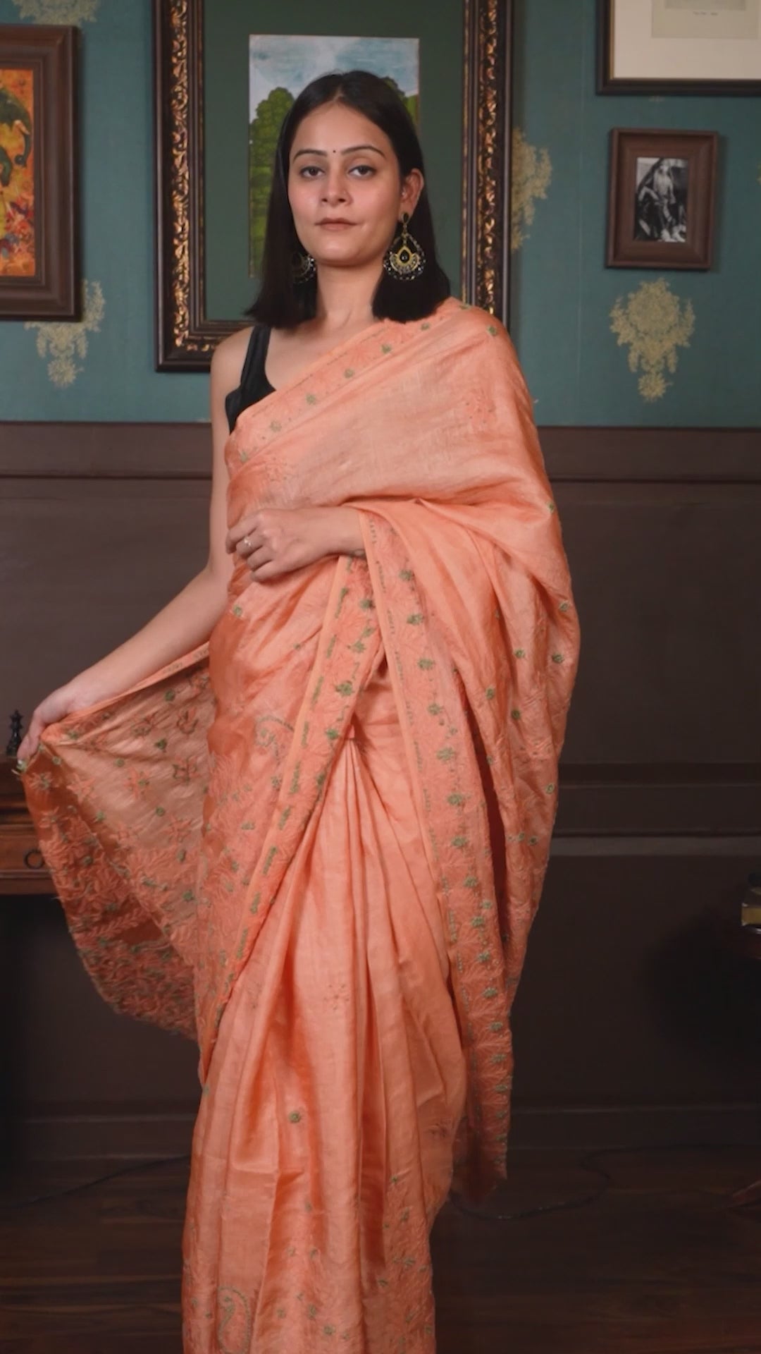 Rust-Orange Chanderi Silk Chikankari Saree with Traditional Paisley Motifs