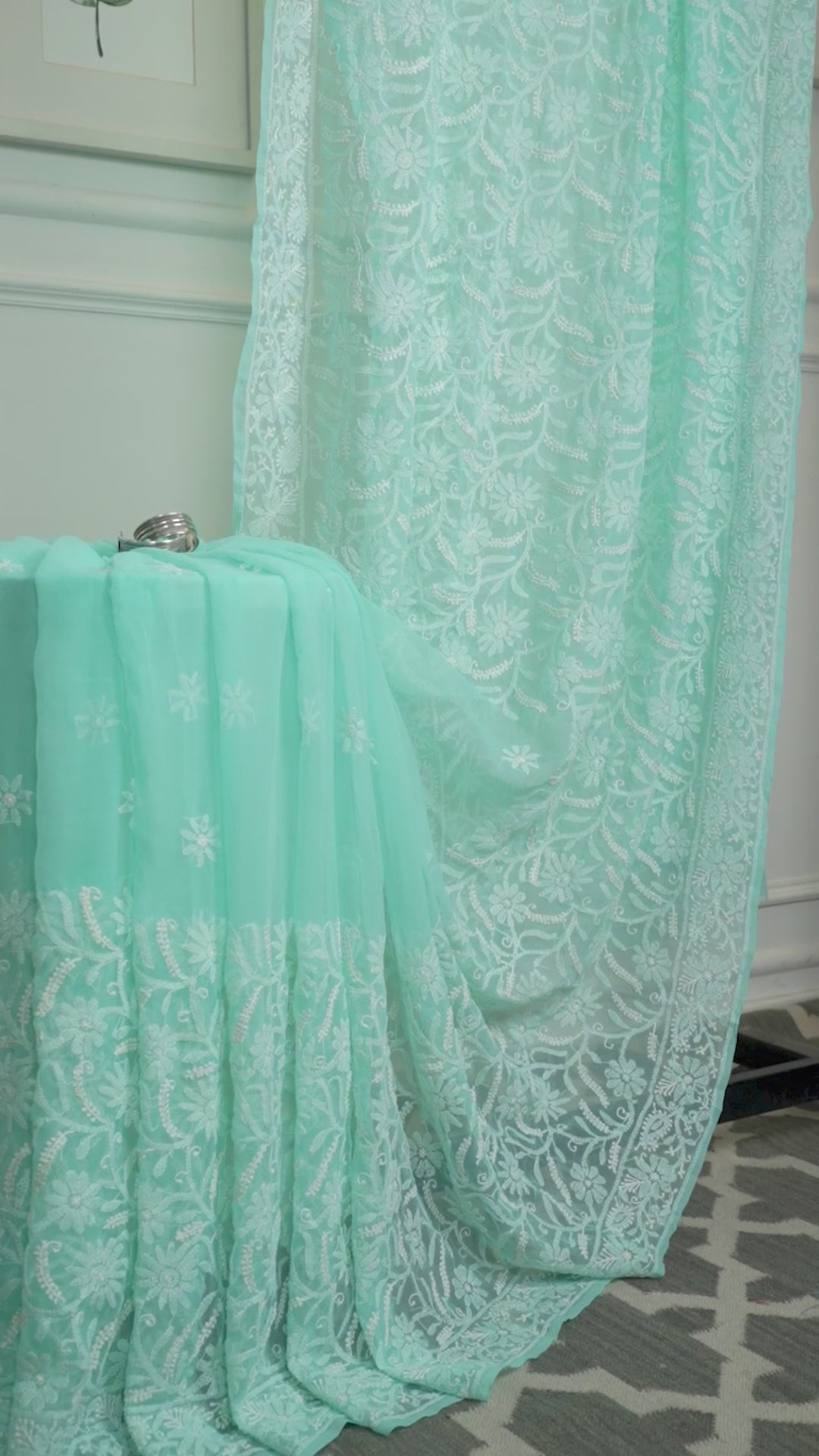 Mint Green Georgette Saree with Breezy Chikankari Embroidery