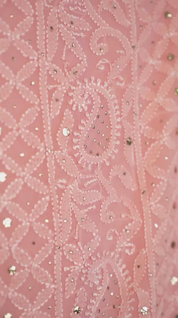 Peach Pure Georgette Chikankari Unstitched Kurta Piece with Dupatta