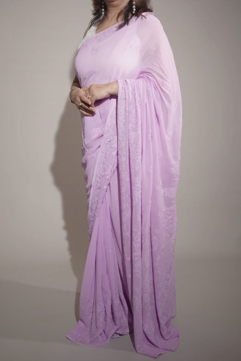 Lavender Chikankari & Mukesh Work Georgette Saree with Unstiched Blouse