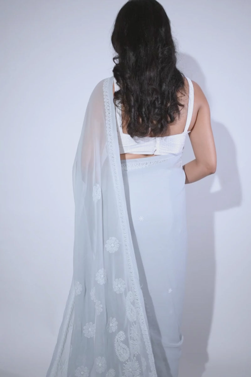 Grey Georgette Saree with Classic Chikankari Embroidery