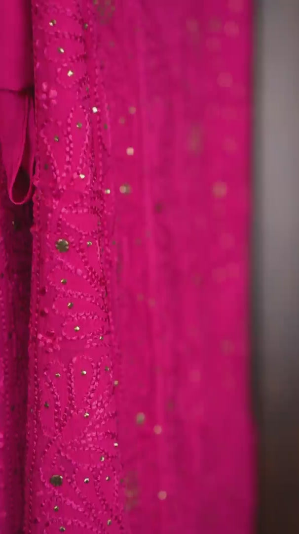 Magenta Pink Pure Georgette Chikankari Unstitched Kurta Piece with Dupatta