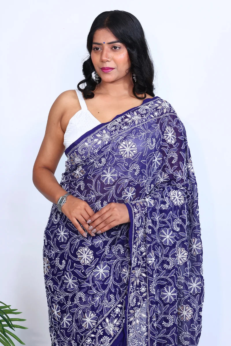 Navy Blue Georgette Saree with Gotapatti Chikankari Embroidery