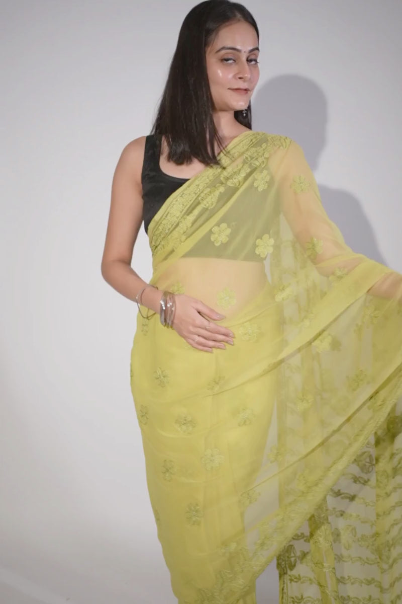 Olive Green Georgette Saree with Sophisticated Chikankari Embroidery
