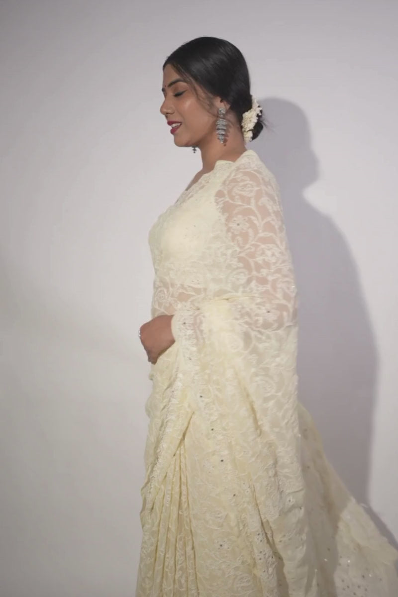 Pastel Yellow Georgette Chikankari Saree with Mukesh Work