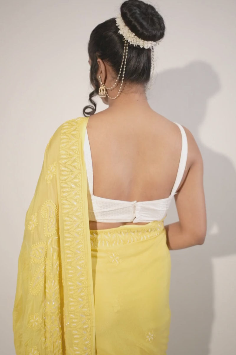 Sunflower Yellow Viscose Georgette Saree with Resham Dhaga, Pearl & Sequence Work