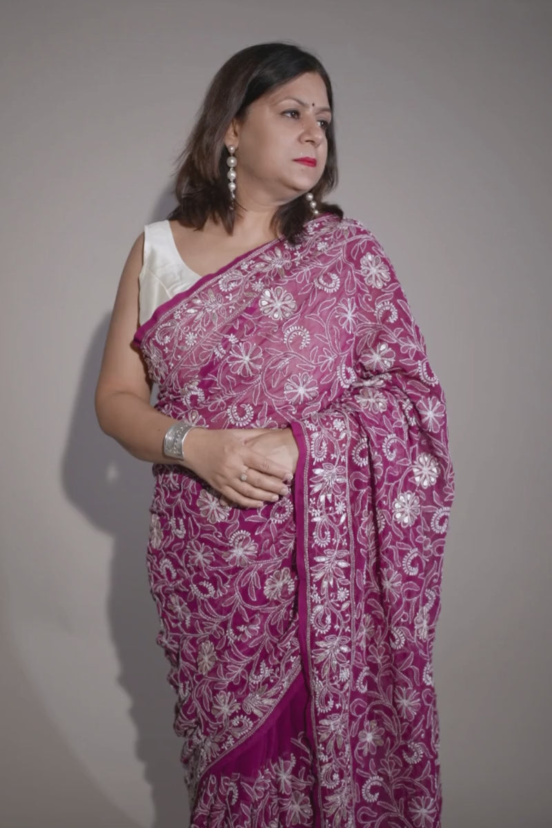 Rani Pink Georgette Saree with Gotapatti Chikankari Embroidery