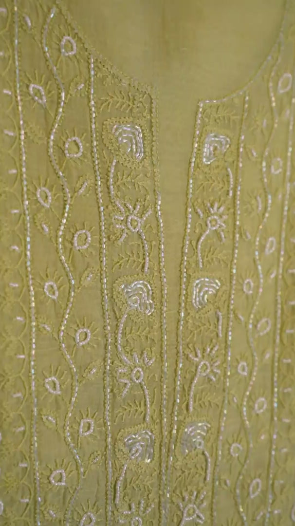 Pastel Lime Green Chanderi Unstitched Kurta Piece with Dupatta