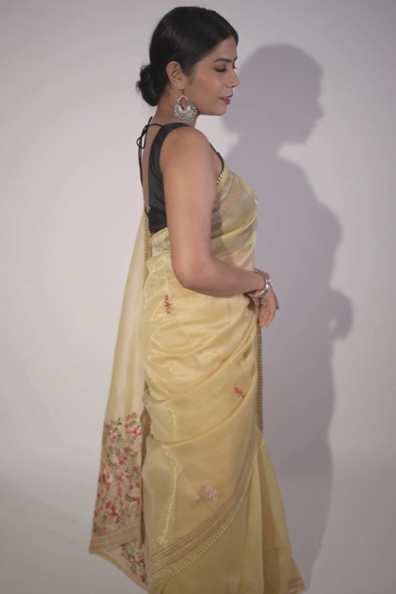 Mustard Yellow Semi-Organza Lambani Embroidery Saree