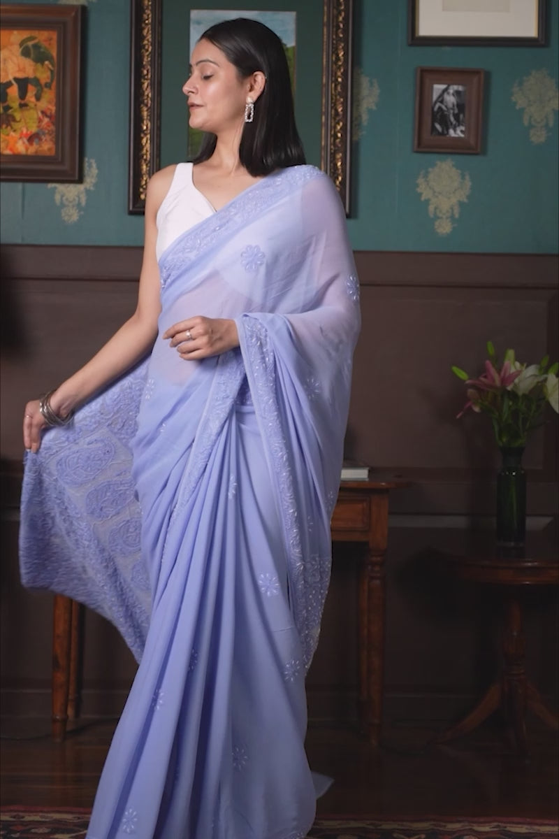 Light Violet Georgette Saree with Katdana, Pearl & Resham Dhaga Work
