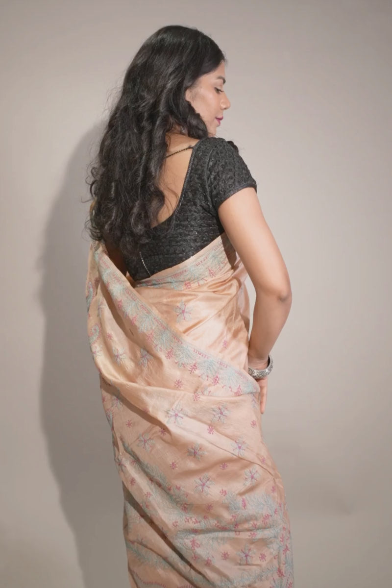 Light Beige Chanderi Saree with Elegant Chikankari Embroidery