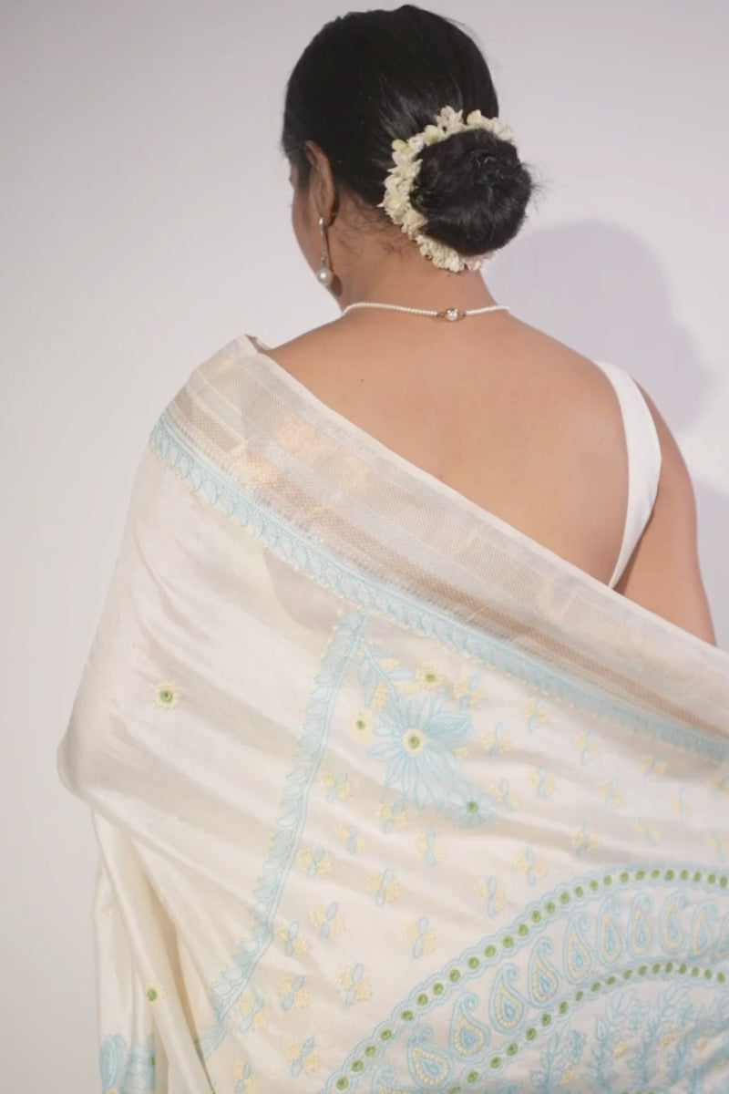 Ivory Chanderi Silk Saree with Blue Chikankari Embroidery