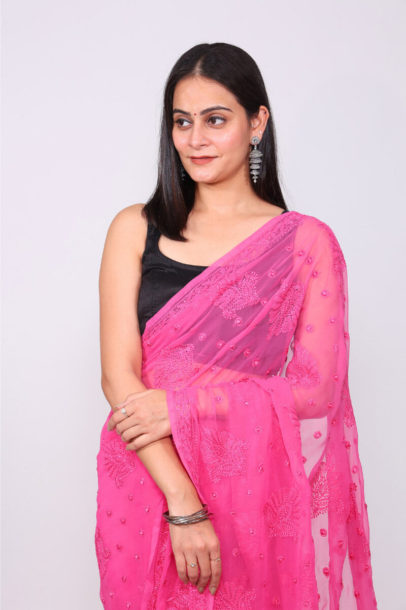 Rani Pink Georgette Saree with Bold & Delicate Chikankari Work