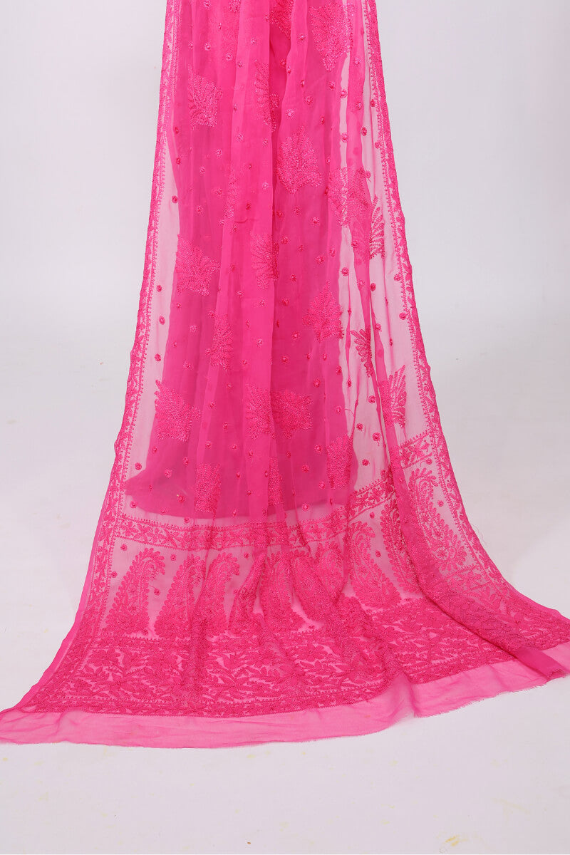 Rani Pink Georgette Saree with Bold & Delicate Chikankari Work