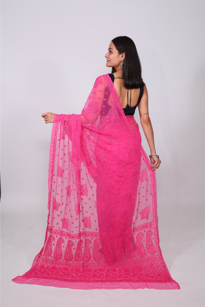 Rani Pink Georgette Saree with Bold & Delicate Chikankari Work