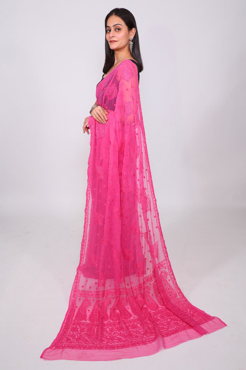 Rani Pink Georgette Saree with Bold & Delicate Chikankari Work