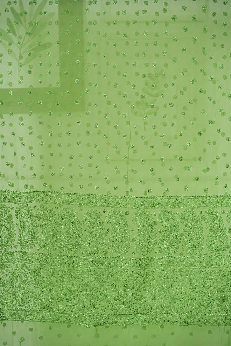 Sage Green Georgette Saree with Delicate Chikankari Embroidery